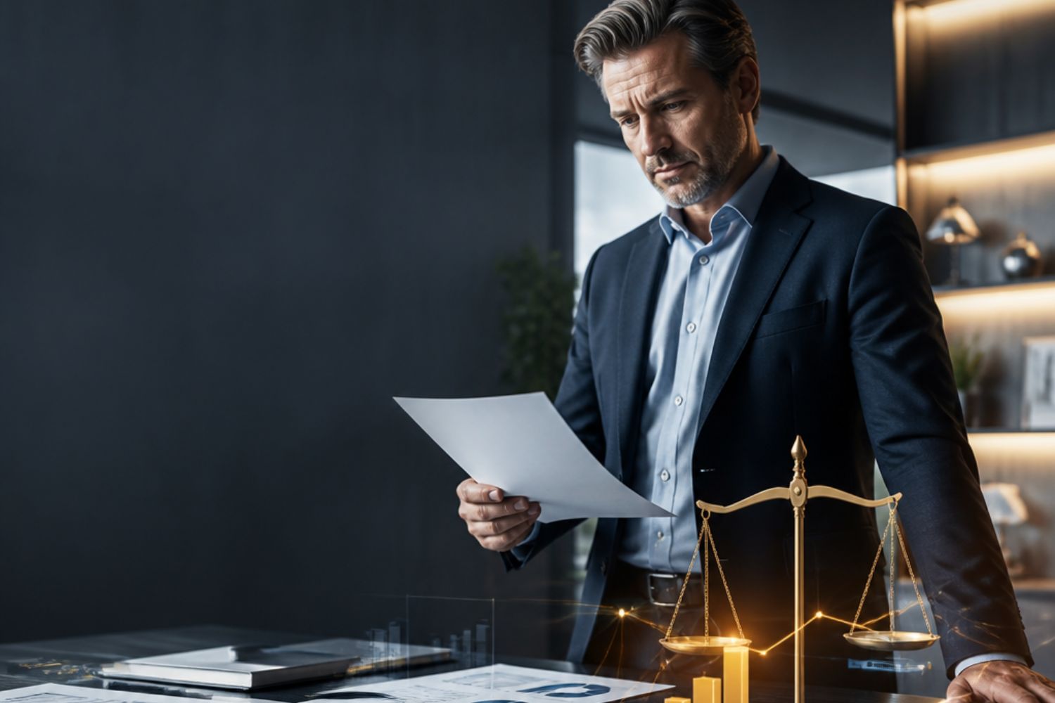 Business owner reviewing financial reports and company valuation analysis to determine business worth