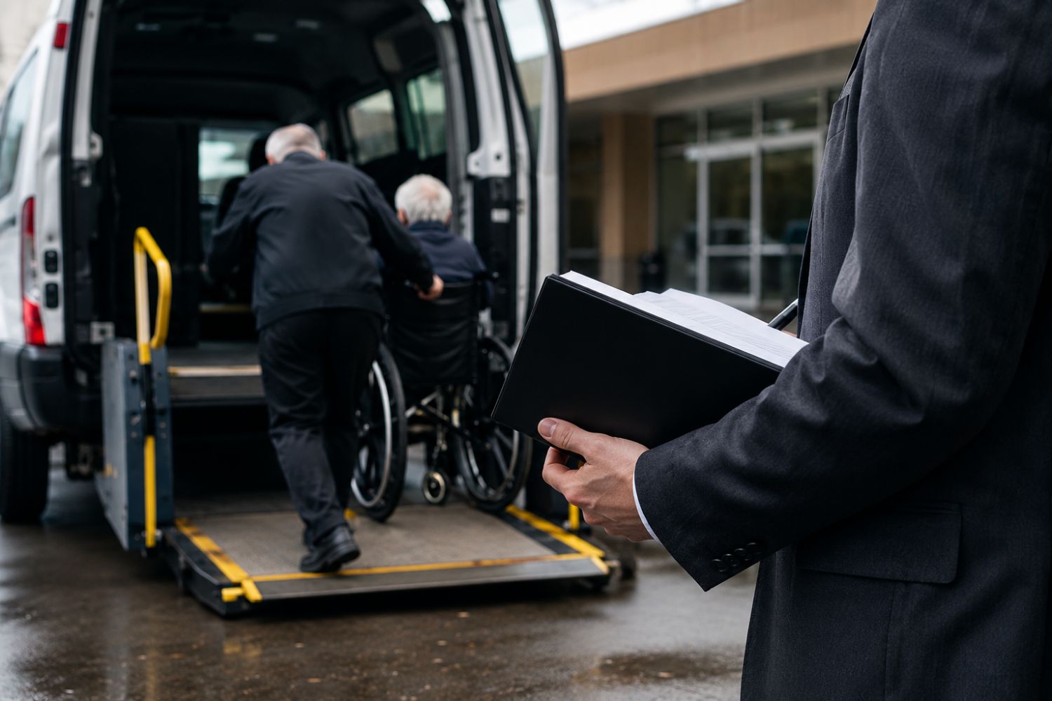 Business professional reviewing transportation documents while an NEMT operator assists a wheelchair passenger into a medical transport vehicle outside a healthcare facility.