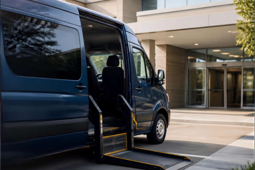NEMT wheelchair accessible van outside a medical facility that can help start an NEMT Business