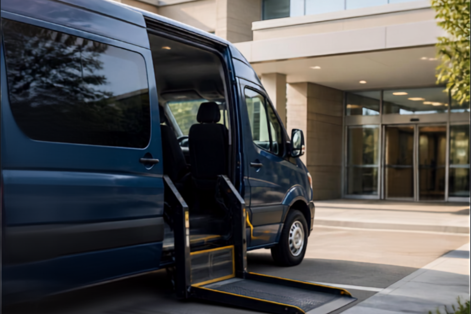 NEMT wheelchair accessible van outside a medical facility that can help start an NEMT Business