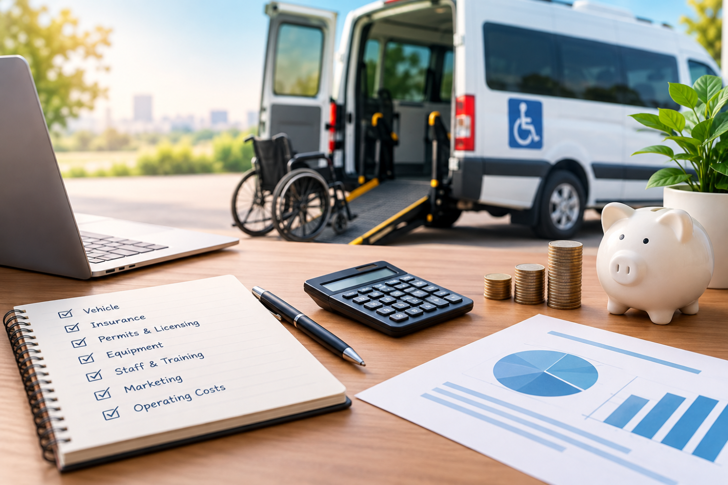 Accessible NEMT van with wheelchair ramp alongside a calculator, coins, and startup cost planning materials
