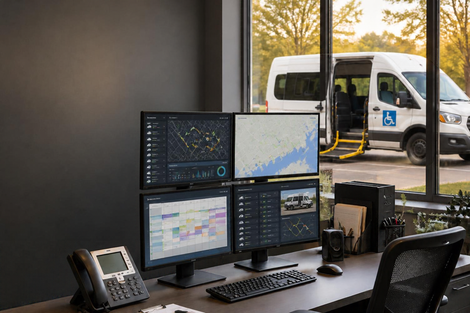 Modern Non-Emergency Medical Transportation (NEMT) dispatch office featuring multiple monitors displaying automated scheduling, GPS route tracking, and fleet management dashboards, with a wheelchair-accessible van parked outside.